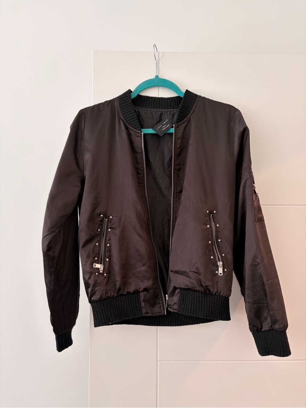Women's Satin Black Bomber Jacket with Studded Zipper Pockets